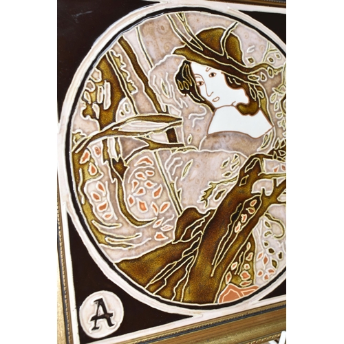 506 - FOUR LATE 20TH CENTURY MAW & Co FOUR SEASONS TILES,  each depicting an art nouveau style design with... 