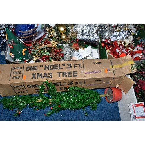 510 - FOUR BOXES OF CHRISTMAS DECORATIONS ETC, to include tree ornaments, Christmas trees, garlands, magne... 