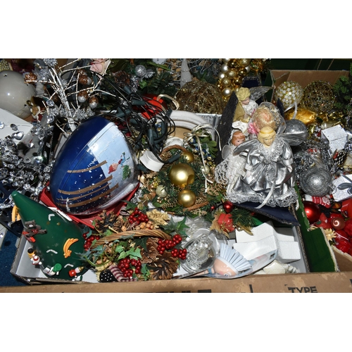 510 - FOUR BOXES OF CHRISTMAS DECORATIONS ETC, to include tree ornaments, Christmas trees, garlands, magne... 