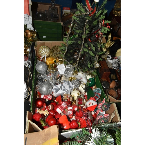 510 - FOUR BOXES OF CHRISTMAS DECORATIONS ETC, to include tree ornaments, Christmas trees, garlands, magne... 