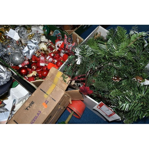 510 - FOUR BOXES OF CHRISTMAS DECORATIONS ETC, to include tree ornaments, Christmas trees, garlands, magne... 