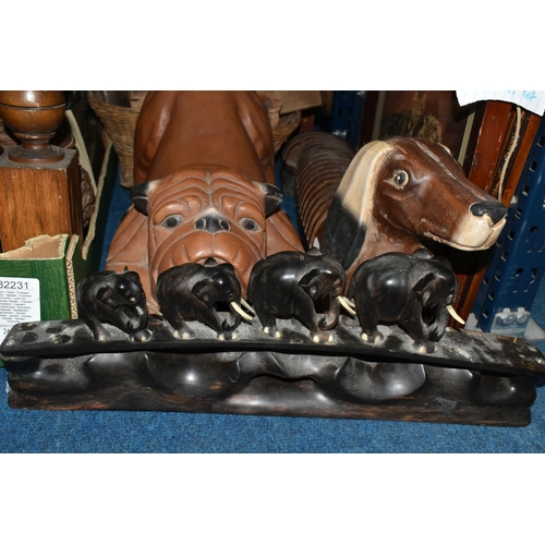 511 - A BOX AND LOOSE WOODEN ORNAMENTS AND PICTURE ETC, to include a carved wooden bulldog approximate len... 