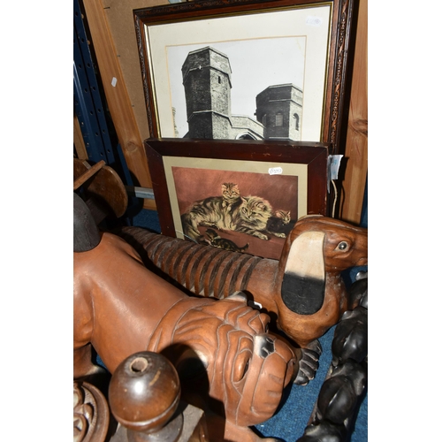 511 - A BOX AND LOOSE WOODEN ORNAMENTS AND PICTURE ETC, to include a carved wooden bulldog approximate len... 