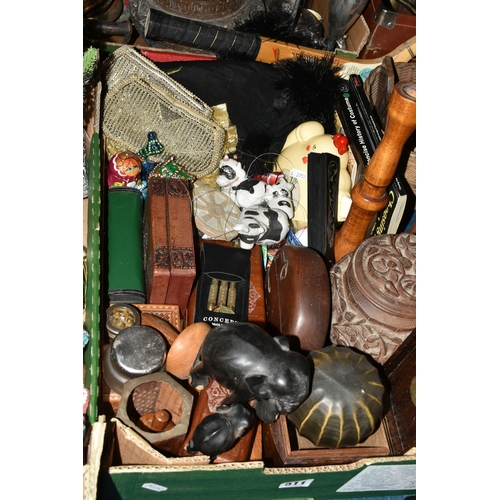 511 - A BOX AND LOOSE WOODEN ORNAMENTS AND PICTURE ETC, to include a carved wooden bulldog approximate len... 
