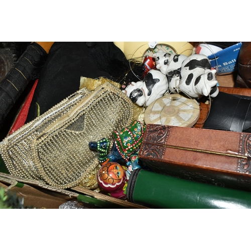 511 - A BOX AND LOOSE WOODEN ORNAMENTS AND PICTURE ETC, to include a carved wooden bulldog approximate len... 