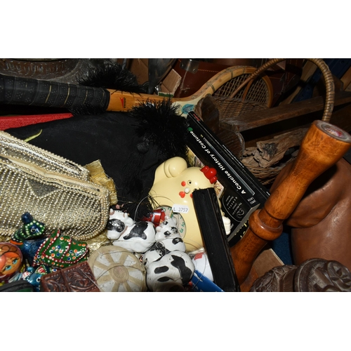511 - A BOX AND LOOSE WOODEN ORNAMENTS AND PICTURE ETC, to include a carved wooden bulldog approximate len... 