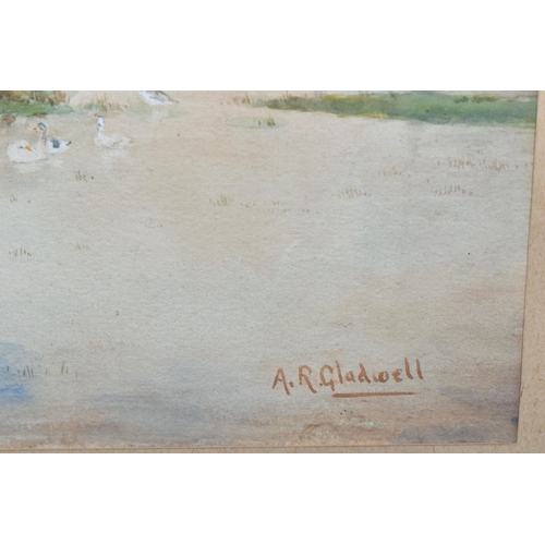 513 - ALLEN R GLADWELL (MID 20TH CENTURY) RIVER LANDSCAPE WITH CHILDREN, depicting a young girl and boy pl... 