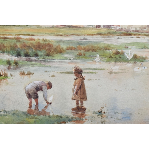 513 - ALLEN R GLADWELL (MID 20TH CENTURY) RIVER LANDSCAPE WITH CHILDREN, depicting a young girl and boy pl... 
