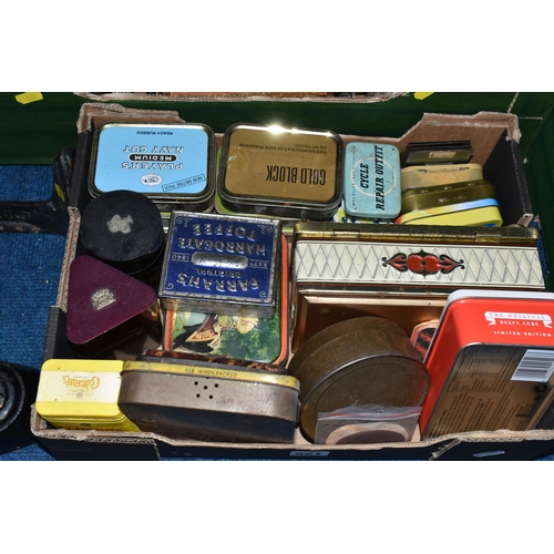 521 - TWO BOXES, A SUITCASE AND LOOSE METAL WARES, to include a tailor's goose iron with twisted handle, a... 