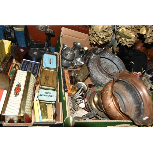 521 - TWO BOXES, A SUITCASE AND LOOSE METAL WARES, to include a tailor's goose iron with twisted handle, a... 