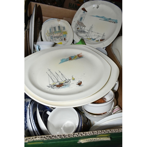 530 - SIX BOXES OF DINNERWARE AND CERAMICS, to include two Derby County F.C mugs, 1971-1972 League Champio... 
