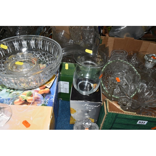 531 - SIX BOXES OF GLASSWARE, to include two boxed sets of six Luminarc Maldives Bubbles dessert dishes, v... 