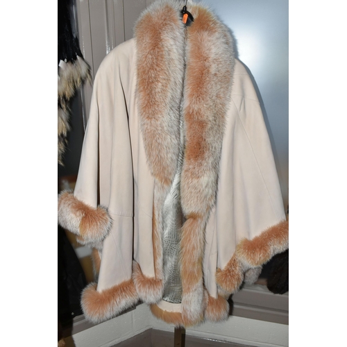 537 - A SUEDE CAPE WITH FUR COLLAR AND BROWN LEATHER LADIES SHEEPSKIN, comprising an apricot coloured sued... 