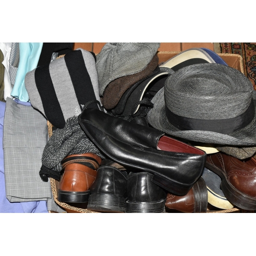 539 - TWO BOXES AND A GROUP OF GENTLEMEN'S CLOTHING AND ACCESSORIES, to include a navy blue 'Hugo Boss' si... 