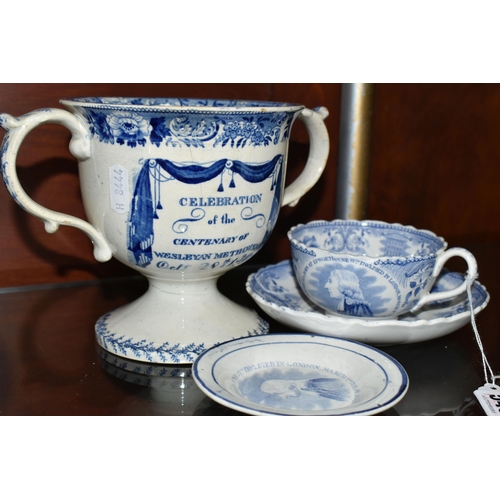 545 - FOUR PIECES OF 19TH CENTURY WESLEY COMMEMORATIVE BLUE AND WHITE TRANSFER PRINTED POTTERY, comprising... 