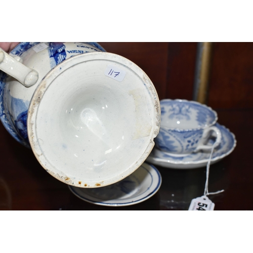 545 - FOUR PIECES OF 19TH CENTURY WESLEY COMMEMORATIVE BLUE AND WHITE TRANSFER PRINTED POTTERY, comprising... 