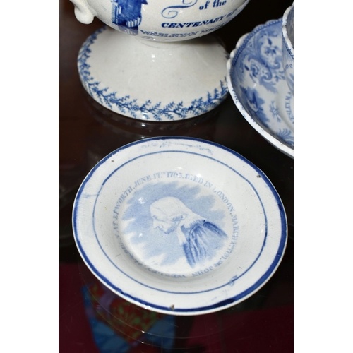 545 - FOUR PIECES OF 19TH CENTURY WESLEY COMMEMORATIVE BLUE AND WHITE TRANSFER PRINTED POTTERY, comprising... 
