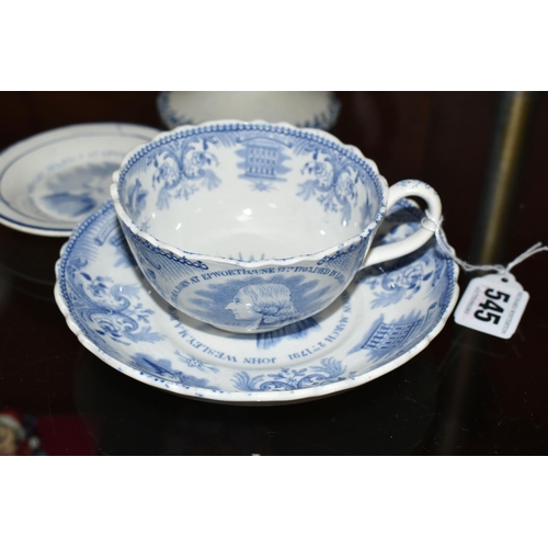 545 - FOUR PIECES OF 19TH CENTURY WESLEY COMMEMORATIVE BLUE AND WHITE TRANSFER PRINTED POTTERY, comprising... 