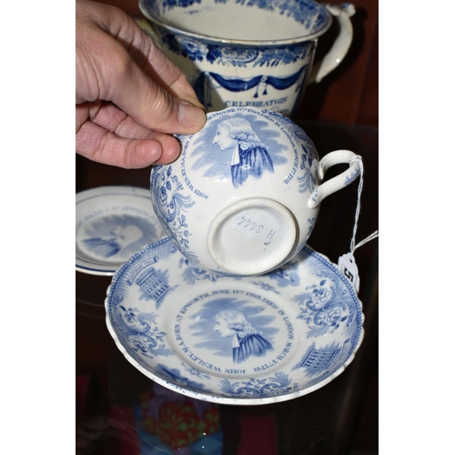 545 - FOUR PIECES OF 19TH CENTURY WESLEY COMMEMORATIVE BLUE AND WHITE TRANSFER PRINTED POTTERY, comprising... 