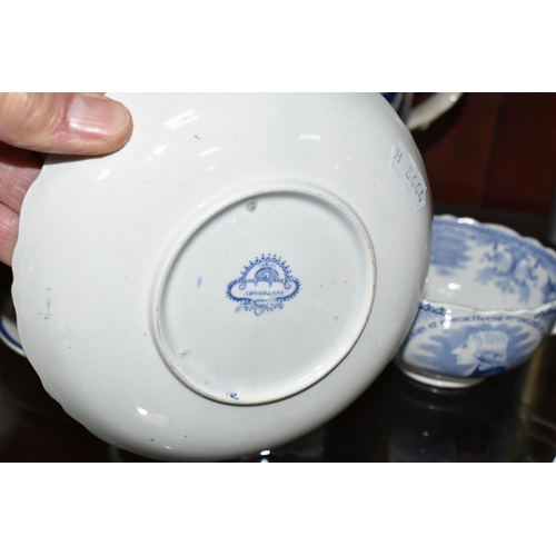 545 - FOUR PIECES OF 19TH CENTURY WESLEY COMMEMORATIVE BLUE AND WHITE TRANSFER PRINTED POTTERY, comprising... 