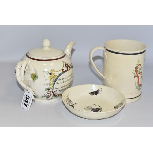 547 - THREE PIECES OF LATE 18TH CENTURY CREAMWARE PRINTED AND PAINTED TO COMMEMORATE REVEREND JOHN WESLEY,... 