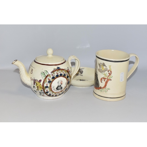 547 - THREE PIECES OF LATE 18TH CENTURY CREAMWARE PRINTED AND PAINTED TO COMMEMORATE REVEREND JOHN WESLEY,... 