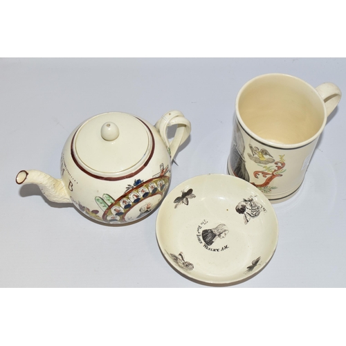 547 - THREE PIECES OF LATE 18TH CENTURY CREAMWARE PRINTED AND PAINTED TO COMMEMORATE REVEREND JOHN WESLEY,... 