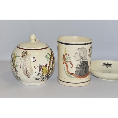 547 - THREE PIECES OF LATE 18TH CENTURY CREAMWARE PRINTED AND PAINTED TO COMMEMORATE REVEREND JOHN WESLEY,... 