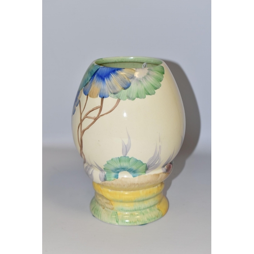 549 - A CLARICE CLIFF RHODANTHE PATTERN VASE, shape no 362, the bulbous body painted with blue, green, yel... 