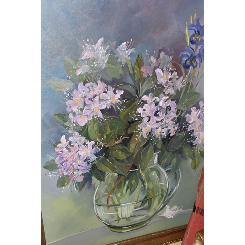 558 - A GROUP OF SUNDRY ITEMS, to include a framed oil on canvas depicting pink azaleas and irises in a cl... 