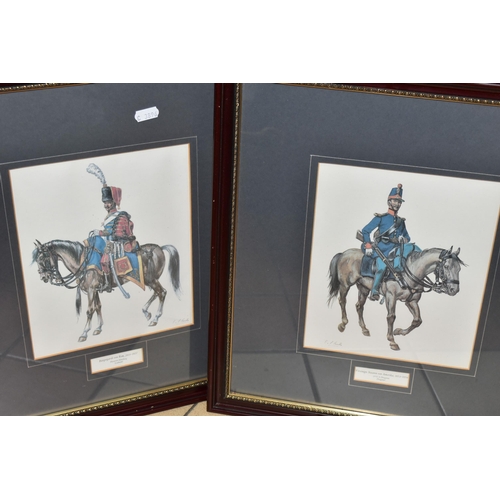 560 - SEVEN FRAMED PRINTS AND TWO DECORATIVE WALL MASKS, comprising seven framed prints depicting cavalrym... 