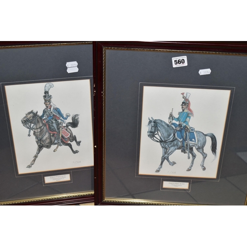 560 - SEVEN FRAMED PRINTS AND TWO DECORATIVE WALL MASKS, comprising seven framed prints depicting cavalrym... 