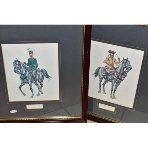 560 - SEVEN FRAMED PRINTS AND TWO DECORATIVE WALL MASKS, comprising seven framed prints depicting cavalrym... 