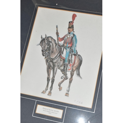 560 - SEVEN FRAMED PRINTS AND TWO DECORATIVE WALL MASKS, comprising seven framed prints depicting cavalrym... 