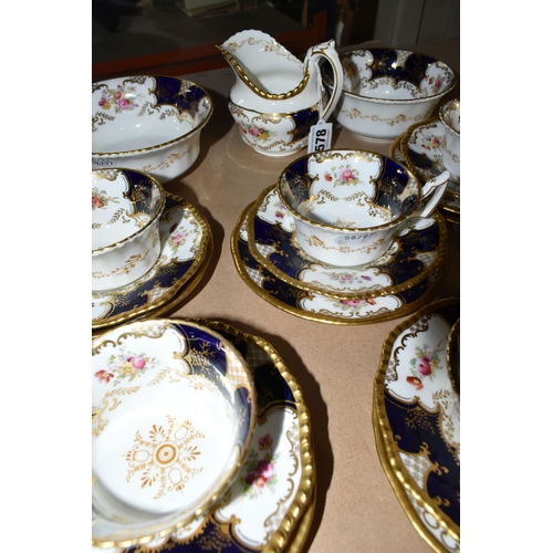 578 - A COALPORT BLUE 'BATWING' TEA SET, comprising a milk jug, sugar bowl, slop bowl, twelve cups, twelve... 
