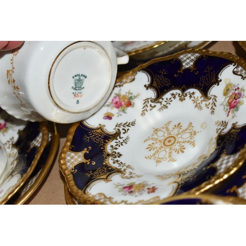 A COALPORT BLUE 'BATWING' TEA SET, comprising a milk jug, sugar bowl