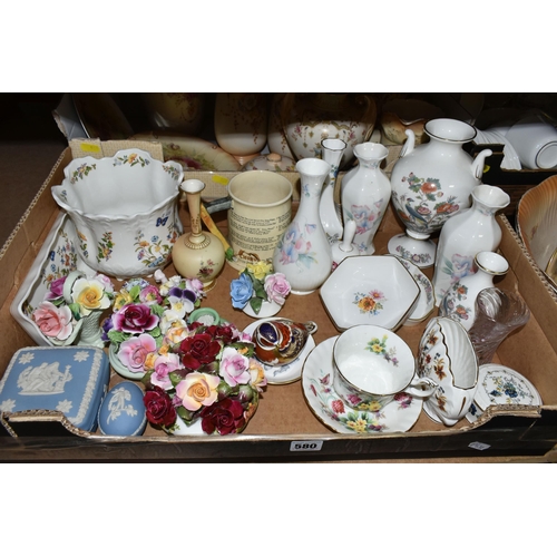 580 - THREE BOXES OF CERAMICS AND GLASSWARE, to include a quantity of Crown Devon 'Blush Ivory' vases, a R... 