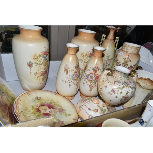 580 - THREE BOXES OF CERAMICS AND GLASSWARE, to include a quantity of Crown Devon 'Blush Ivory' vases, a R... 