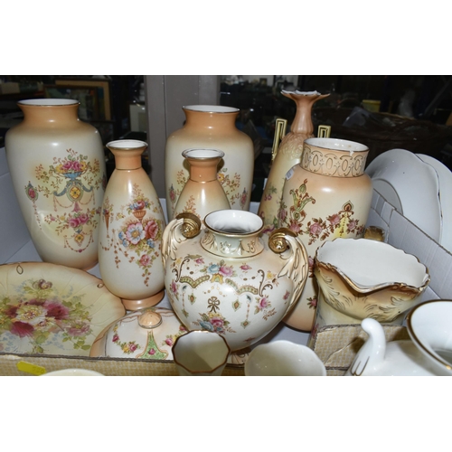 580 - THREE BOXES OF CERAMICS AND GLASSWARE, to include a quantity of Crown Devon 'Blush Ivory' vases, a R... 