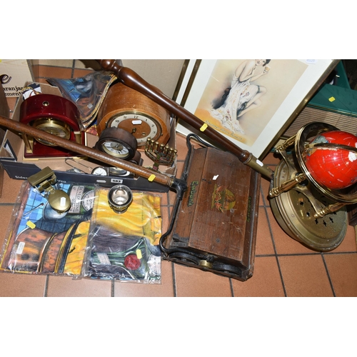 583 - TWO BOXES OF MISCELLANEOUS SUNDRIES, to include a wooden Ewbank 'Merit' carpet sweeper, a red jasper... 
