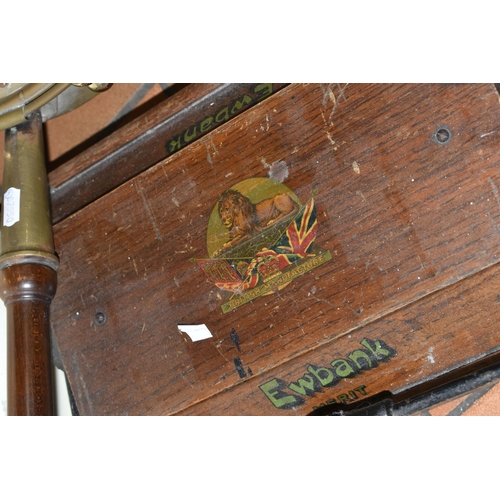 583 - TWO BOXES OF MISCELLANEOUS SUNDRIES, to include a wooden Ewbank 'Merit' carpet sweeper, a red jasper... 