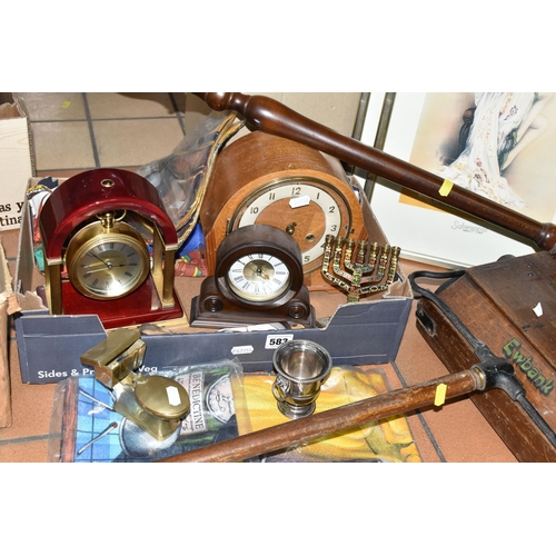 583 - TWO BOXES OF MISCELLANEOUS SUNDRIES, to include a wooden Ewbank 'Merit' carpet sweeper, a red jasper... 