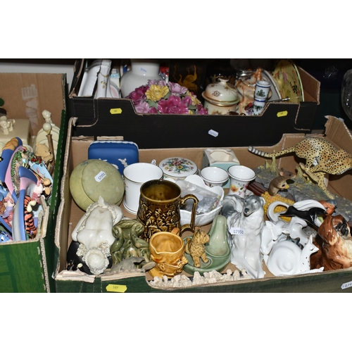 589 - FOUR BOXES AND LOOSE CERAMICS AND GLASS WARES ETC, to include a Beswick whisky decanter in the form ... 
