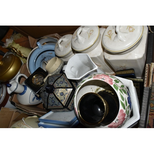 598 - SIX BOXES AND LOOSE ASSORTED CERAMICS ETC, to include a T.G Green rolling pin, Royal Winton desert b... 
