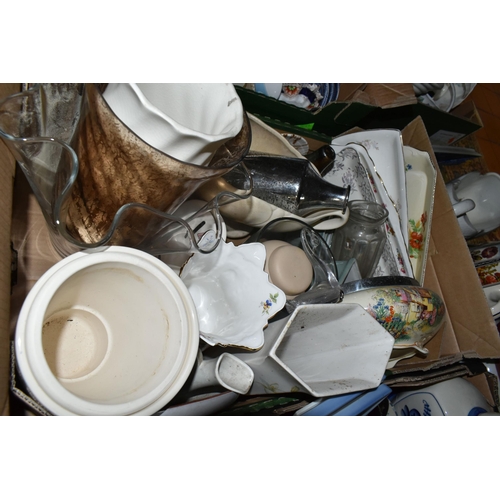 598 - SIX BOXES AND LOOSE ASSORTED CERAMICS ETC, to include a T.G Green rolling pin, Royal Winton desert b... 