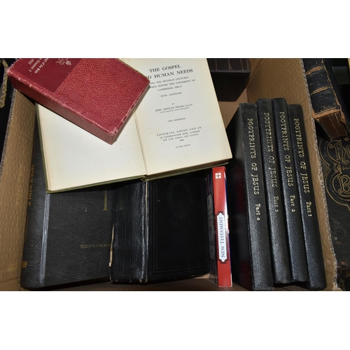 603 - A BOX OF BIBLES AND CHRISTIAN THEMED BOOKS ETC, to include a leather bound Bible with metal mounts, ... 