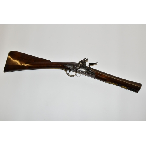 281 - AN ANTIQUE FLINTLOCK BLUNDERBUSS, fitted with a 30'' steel flared muzzle barrel, the lock bears the ... 