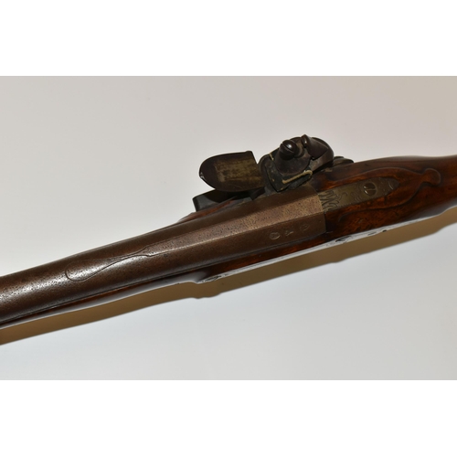 281 - AN ANTIQUE FLINTLOCK BLUNDERBUSS, fitted with a 30'' steel flared muzzle barrel, the lock bears the ... 