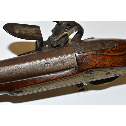 281 - AN ANTIQUE FLINTLOCK BLUNDERBUSS, fitted with a 30'' steel flared muzzle barrel, the lock bears the ... 