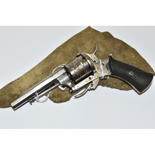 283 - AN ANTIQUE NICKEL PLATED 7MM PINFIRE REVOLVER, bearing Belgian proof marks fitted with a 3 6/8'' bar... 